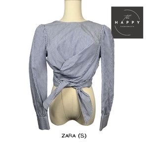 NWT Zara Blue & White Striped, Wrap Around, Long Sleeve, Backless Blouse (S)